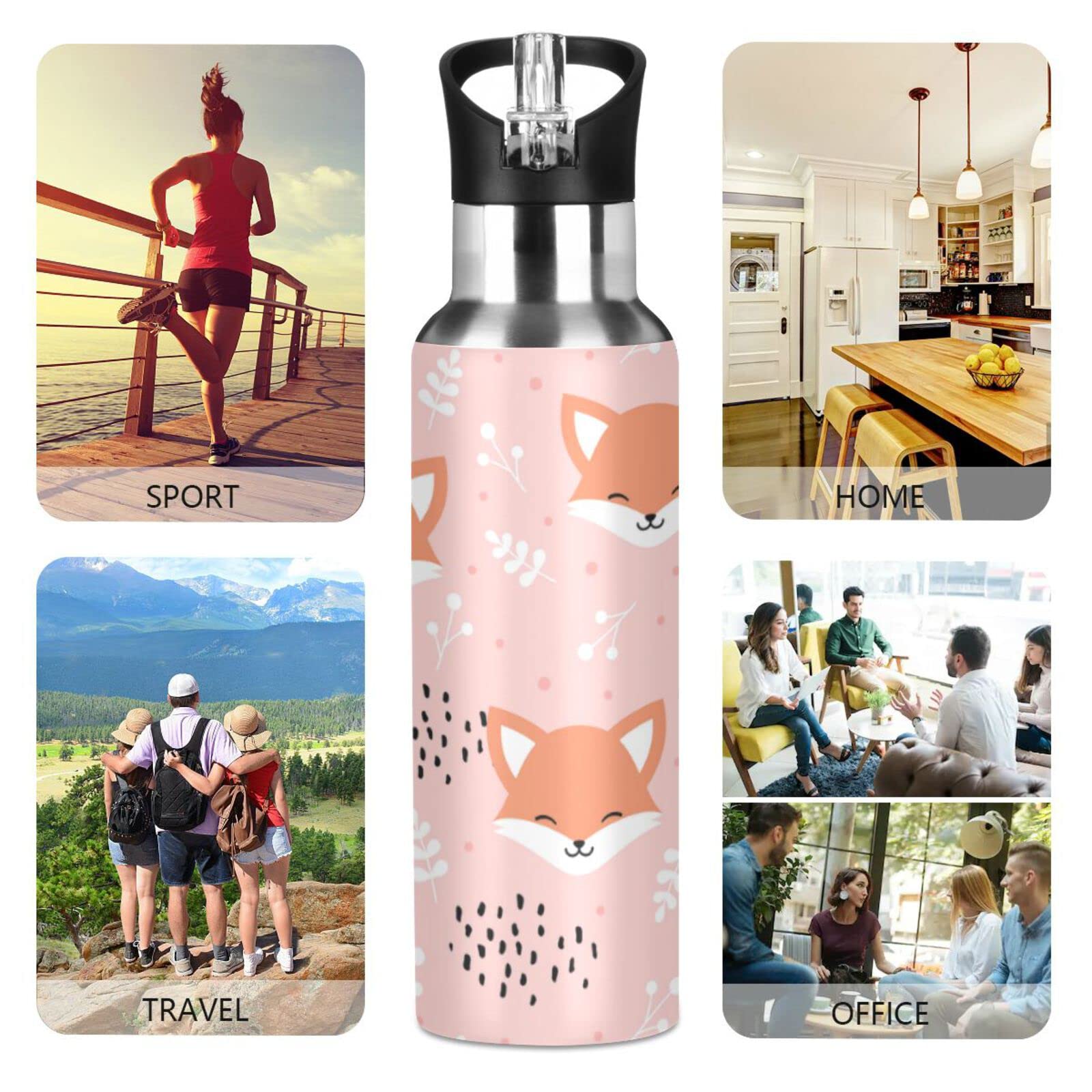 ZZKKO Water Bottle with Straw Cute Fox Pink Stainless Steel Iron Flask Capsule Water Bottle Daily Water Intake Bottle Thermos Kids Cups No Spill Women Adult 20OZ/600ML