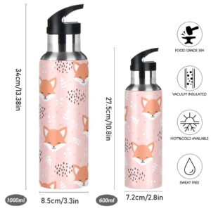 ZZKKO Water Bottle with Straw Cute Fox Pink Stainless Steel Iron Flask Capsule Water Bottle Daily Water Intake Bottle Thermos Kids Cups No Spill Women Adult 20OZ/600ML