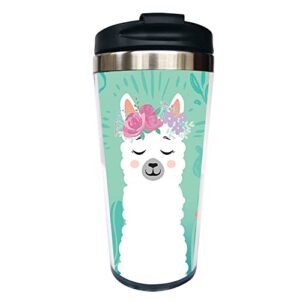 hasdon-hill cute llama flora travel mug with wrap and black lid, stainless steel tea cup for women aunt mom friends birthday gifts 12 oz