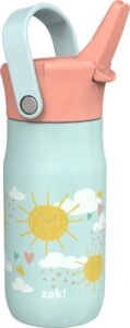 zak designs harmony kid water bottle for travel or at home, 14oz recycled stainless steel is leak-proof when closed and vacuum insulated (happy day)