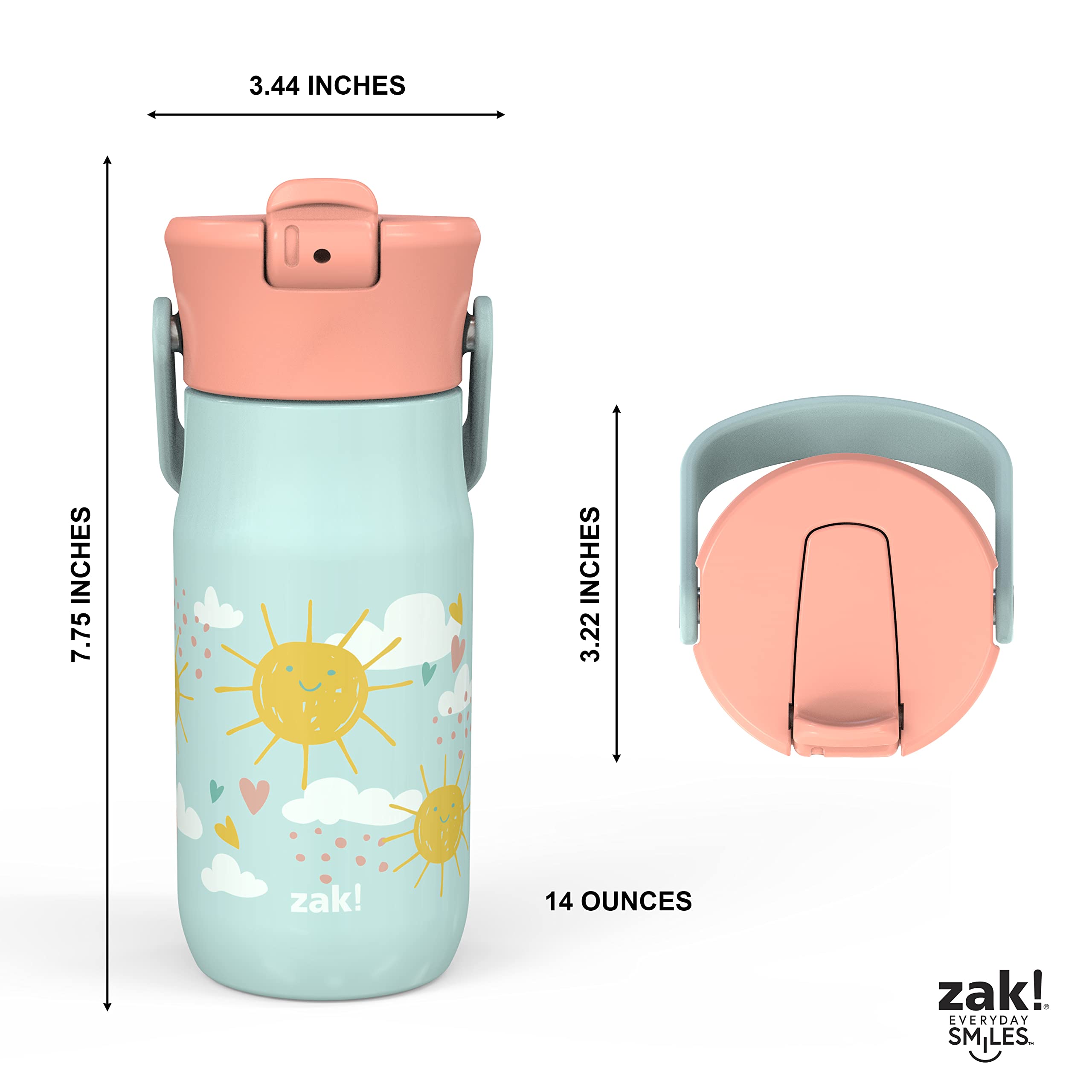Zak Designs Harmony Kid Water Bottle for Travel or At Home, 14oz Recycled Stainless Steel is Leak-Proof When Closed and Vacuum Insulated (Happy Day)