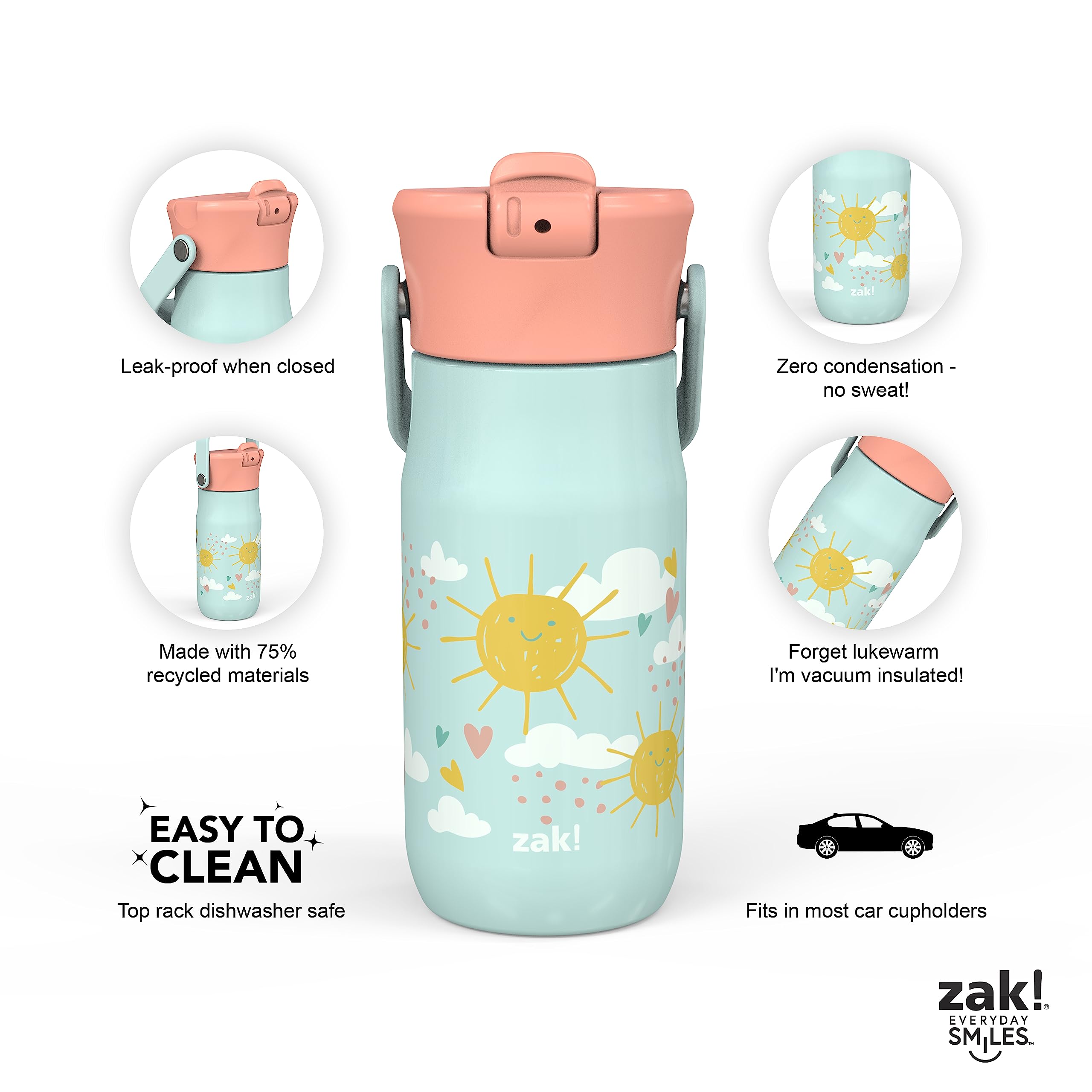 Zak Designs Harmony Kid Water Bottle for Travel or At Home, 14oz Recycled Stainless Steel is Leak-Proof When Closed and Vacuum Insulated (Happy Day)