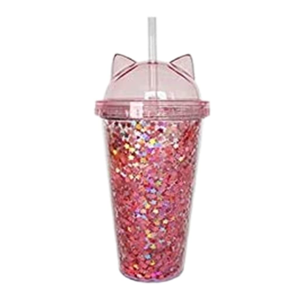 AEIOFU Water Bottle Plastic Cup with Straw, Sequins Double Layer Water Bottle with Cat Ears Glitter Water Cup for Girls Pink