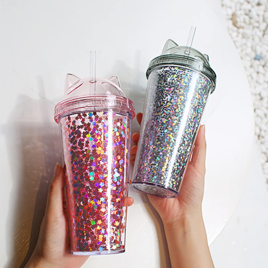 AEIOFU Water Bottle Plastic Cup with Straw, Sequins Double Layer Water Bottle with Cat Ears Glitter Water Cup for Girls Pink