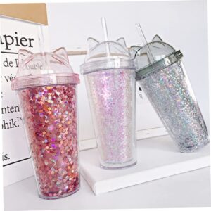 AEIOFU Water Bottle Plastic Cup with Straw, Sequins Double Layer Water Bottle with Cat Ears Glitter Water Cup for Girls Pink