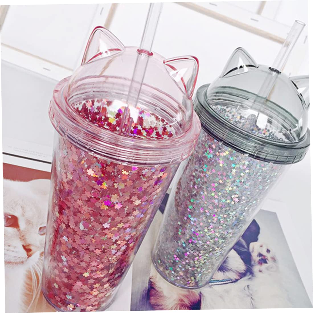 AEIOFU Water Bottle Plastic Cup with Straw, Sequins Double Layer Water Bottle with Cat Ears Glitter Water Cup for Girls Pink