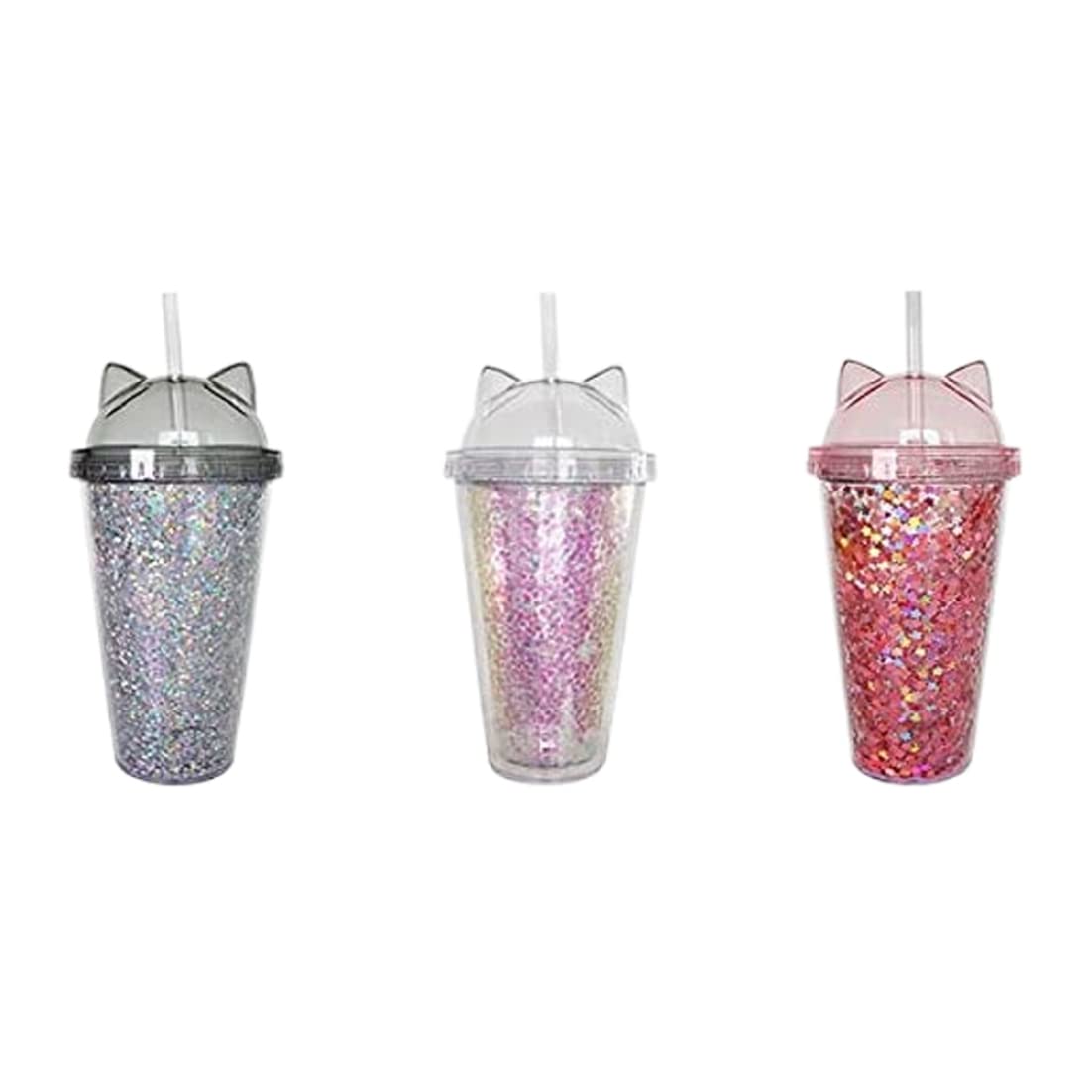 AEIOFU Water Bottle Plastic Cup with Straw, Sequins Double Layer Water Bottle with Cat Ears Glitter Water Cup for Girls Pink