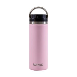 nayad roamer stainless steel vacuum insulated thermos, automotive cup holder compatible travel coffee mug water bottle with lid for iced cold/hot, 18 oz, rose