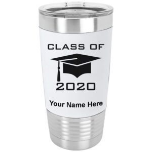 lasergram 20oz vacuum insulated tumbler mug, grad cap class of 2023, 2024, 2025, 2026, 2027, personalized engraving included (silicone grip, white)