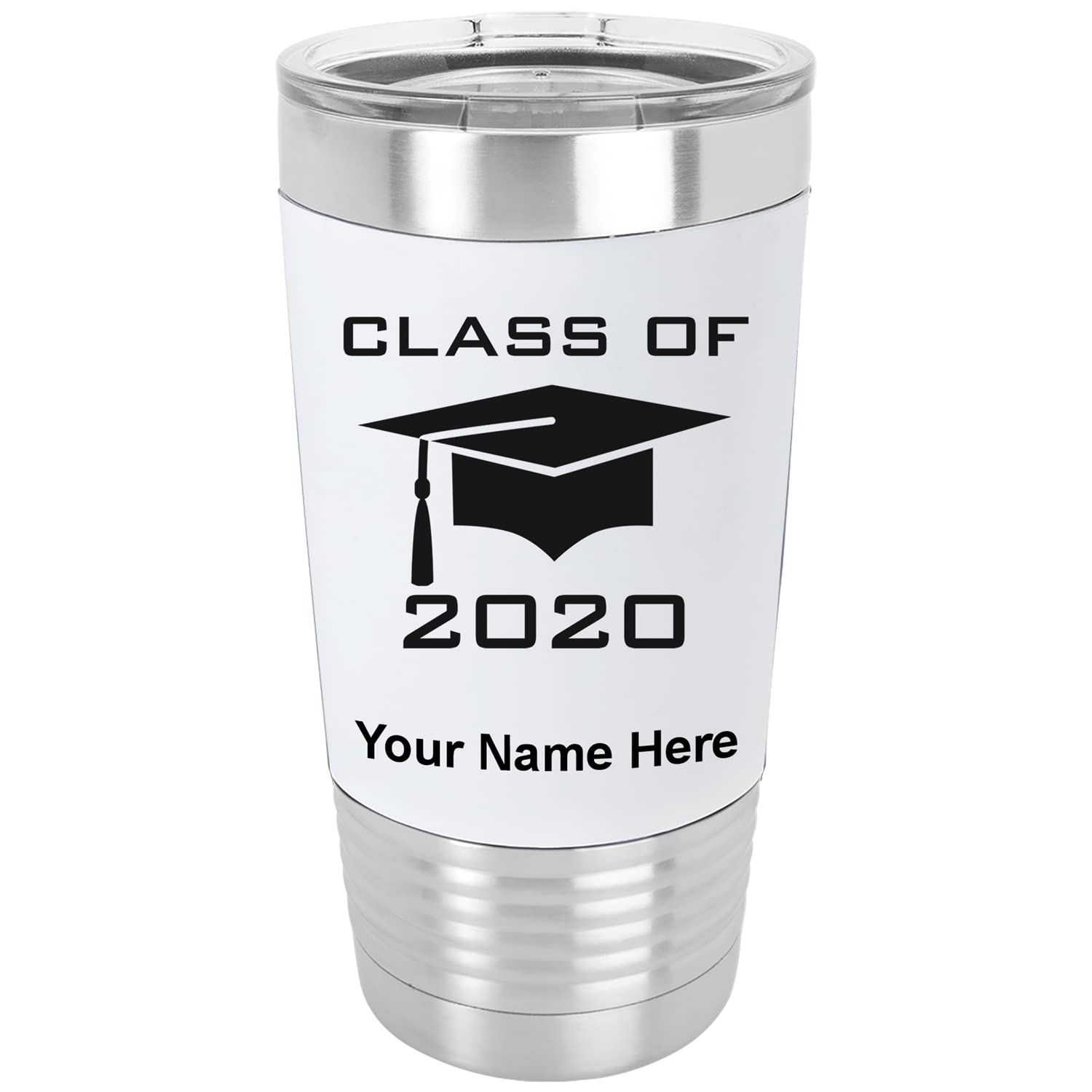 LaserGram 20oz Vacuum Insulated Tumbler Mug, Grad Cap Class of 2023, 2024, 2025, 2026, 2027, Personalized Engraving Included (Silicone Grip, White)