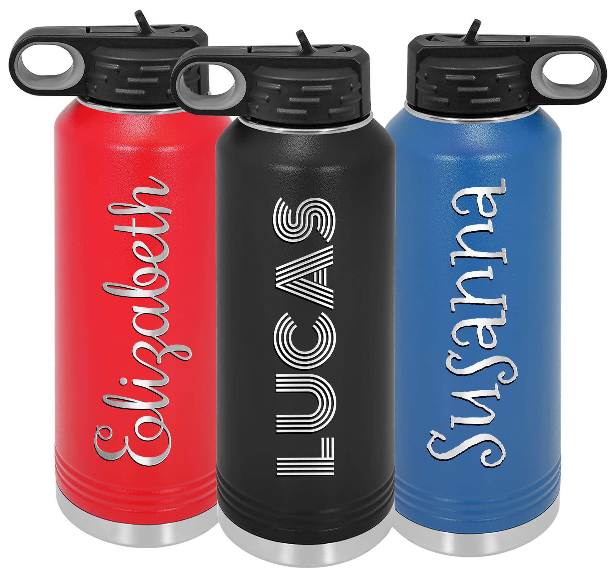 Personalized Water Bottles 32oz with Flip-Top Lid and Straw, Customized Vacuum Insulated Flask, Stainless Steel Sports Double Wall Thermos, Your Logo Name and Text Engraved in USA (Black, 32 oz.)