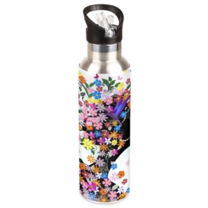 djyqbfa beautiful girl flower fairy water bottle modern bpa free water bottles vacuum insulated stainless steel floral print water bottle with straw for gym travel hiking, 600ml