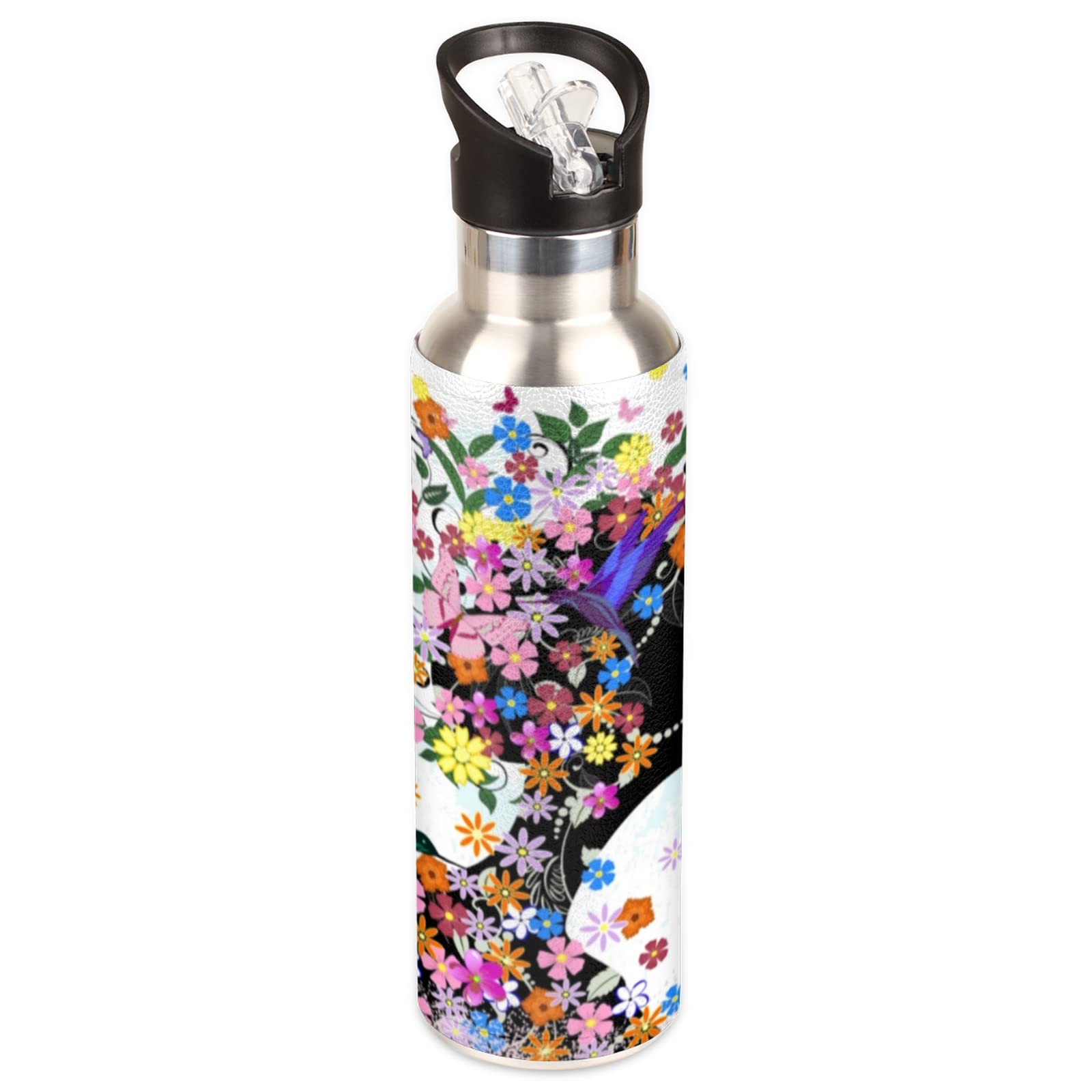 DJYQBFA Beautiful Girl Flower Fairy Water Bottle Modern BPA Free Water Bottles Vacuum Insulated Stainless Steel Floral Print Water Bottle with Straw for Gym Travel Hiking, 600ml