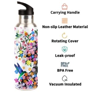 DJYQBFA Beautiful Girl Flower Fairy Water Bottle Modern BPA Free Water Bottles Vacuum Insulated Stainless Steel Floral Print Water Bottle with Straw for Gym Travel Hiking, 600ml