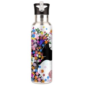 DJYQBFA Beautiful Girl Flower Fairy Water Bottle Modern BPA Free Water Bottles Vacuum Insulated Stainless Steel Floral Print Water Bottle with Straw for Gym Travel Hiking, 600ml