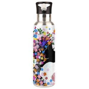 DJYQBFA Beautiful Girl Flower Fairy Water Bottle Modern BPA Free Water Bottles Vacuum Insulated Stainless Steel Floral Print Water Bottle with Straw for Gym Travel Hiking, 600ml