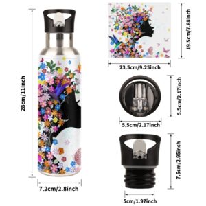 DJYQBFA Beautiful Girl Flower Fairy Water Bottle Modern BPA Free Water Bottles Vacuum Insulated Stainless Steel Floral Print Water Bottle with Straw for Gym Travel Hiking, 600ml