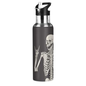 funny skull water bottle with straw lid, funny skeleton 20 oz stainless steel insulated keeps hot and cold bottle, leakproof sports gym cycling outdoor water flask thermos bottle