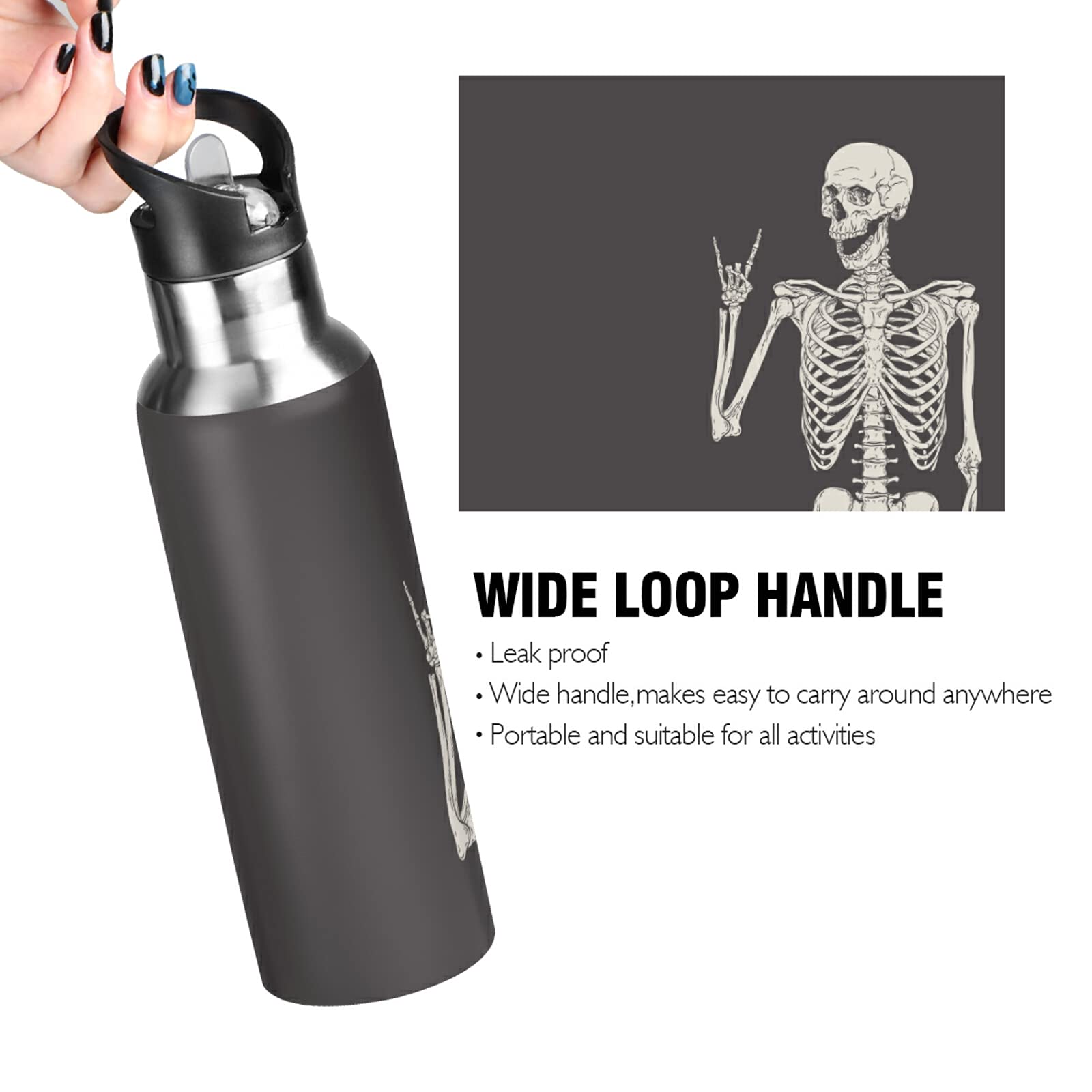 Funny Skull Water Bottle with Straw Lid, Funny Skeleton 20 Oz Stainless Steel Insulated Keeps Hot and Cold Bottle, Leakproof Sports Gym Cycling Outdoor Water Flask Thermos Bottle