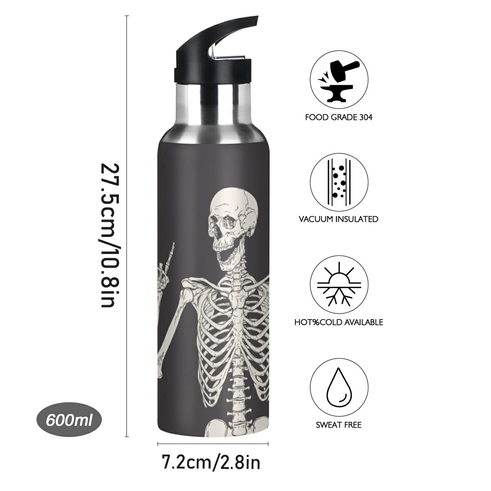 Funny Skull Water Bottle with Straw Lid, Funny Skeleton 20 Oz Stainless Steel Insulated Keeps Hot and Cold Bottle, Leakproof Sports Gym Cycling Outdoor Water Flask Thermos Bottle
