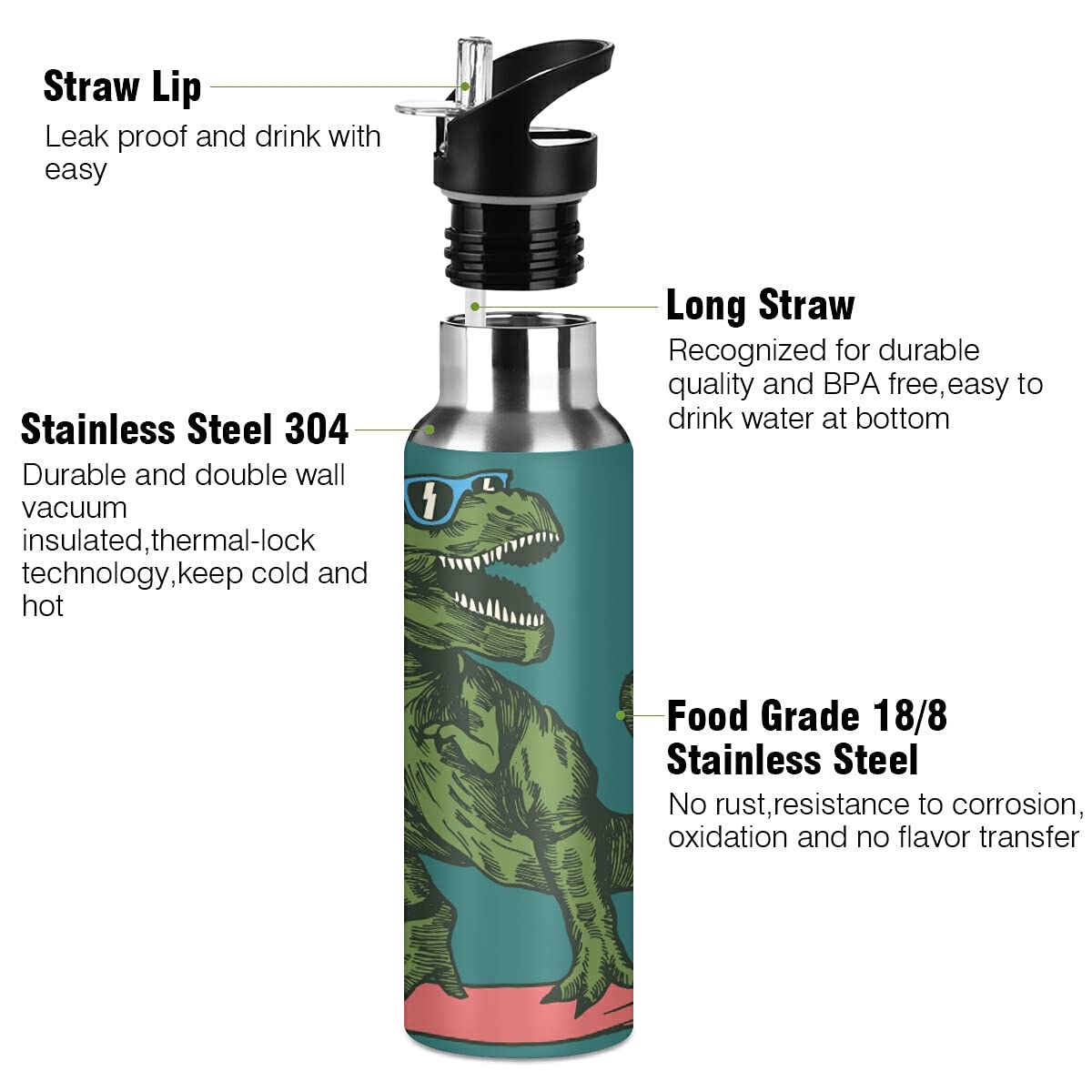 senya Water Bottle Handle Straw Lid Skateboard Dinosaur Vacuum Insulated Stainless Steel Thermos Water Bottle Leak Proof Sports Coffee Maker Cup