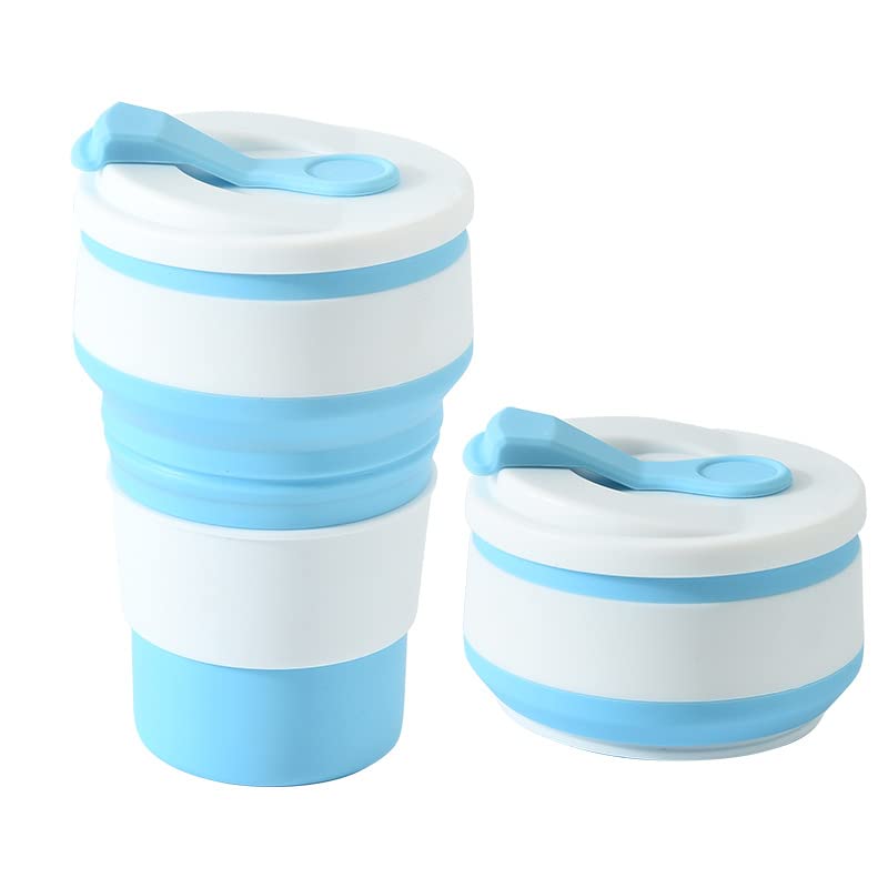 Collapsible Coffee Cups for Travel, Portable Foldable Travel Coffee Mug Silicone Collapsible Travel Cup 350ml Foldable Travel Mug with Lids Reusable Portable Bottle for Camping, Blue