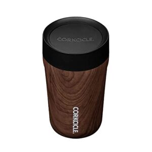 corkcicle commuter cup insulated stainless steel spill proof travel coffee mug keeps beverages cold for 9 hours and hot for 3 hours, walnut wood, 9 oz