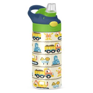cartoon construction truck kids water bottle, bpa-free vacuum insulated stainless steel water bottle with straw lid double walled leakproof flask for girls boys toddlers, 12oz