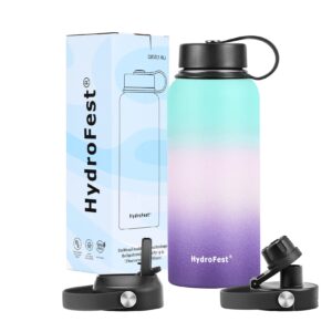 hydrofest insulated water bottles,32 ounce water bottle w/straw lid, spout lid & flex cap, wide mouth double wall vacuum insulated 18/8 stainless steel leakproof water flask (hydrangea)
