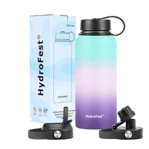 HydroFest Insulated Water Bottles,32 Ounce Water Bottle w/Straw lid, Spout Lid & Flex Cap, Wide Mouth Double Wall Vacuum Insulated 18/8 Stainless Steel Leakproof Water Flask (Hydrangea)