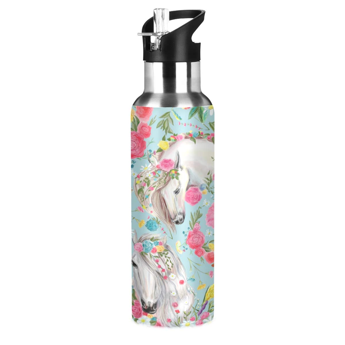 Flower Horse Water Bottle for Kids Stainless Steel Vacuum Insulated Water Bottle Standard Mouth Bottle with Wide Handle for Boys Girls