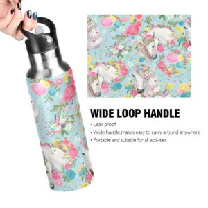 Flower Horse Water Bottle for Kids Stainless Steel Vacuum Insulated Water Bottle Standard Mouth Bottle with Wide Handle for Boys Girls