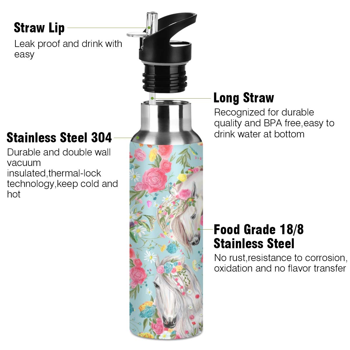 Flower Horse Water Bottle for Kids Stainless Steel Vacuum Insulated Water Bottle Standard Mouth Bottle with Wide Handle for Boys Girls