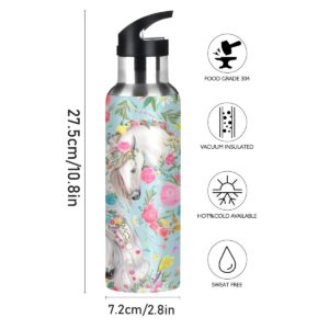 Flower Horse Water Bottle for Kids Stainless Steel Vacuum Insulated Water Bottle Standard Mouth Bottle with Wide Handle for Boys Girls