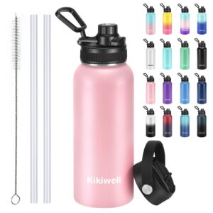 insulated water bottle with straw, sports water bottle 1 liter, reusable vacuum 18/8 stainless steel flask thermos, modern wide mouth double walled simple mug, keeps hot and cold (32 oz, pink)