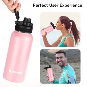 Insulated Water Bottle With Straw, Sports Water Bottle 1 Liter, Reusable Vacuum 18/8 Stainless Steel Flask Thermos, Modern Wide Mouth Double Walled Simple Mug, Keeps Hot and Cold (32 oz, Pink)