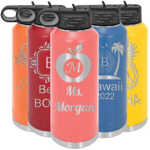 customized water bottles with flip-top lid and straw, personalized stainless steel sports thermos engraved monogram – teacher, birthday, holiday, corporate gifts 20oz., 32oz. (coral)