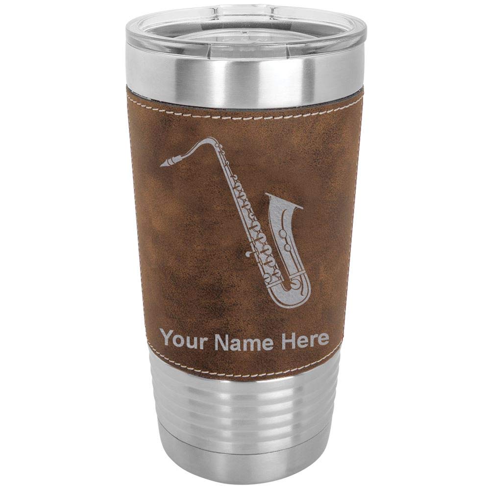 LaserGram 20oz Vacuum Insulated Tumbler Mug, Saxophone, Personalized Engraving Included (Faux Leather, Rustic)