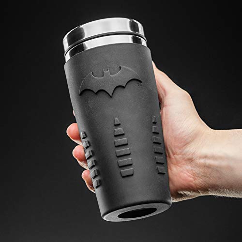 Paladone PP4380BM Batman Travel Mug | Reuseable Commuter Cup Coffee & Tea Flask | Easy Clean | Double Walled Insulation | 450ML Capacity | Spill Proof, Black, 9 x 9 x 18 cm