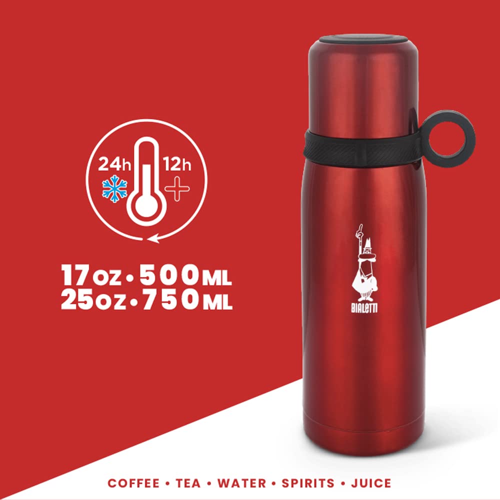 Bialetti - Stainless-steel Water Bottle 15,55oz with Lid/Cup: Double-Layered Vacuum Insulated, Keeps Drink Cold for 24 Hours and Hot for 12 Hours, Grey