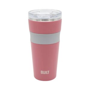 built 24 ounce shasta double wall vacuum insulated stainless steel coffee and water tumbler with easy to clean flip to open lid, pink