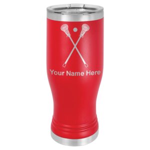 lasergram 14oz vacuum insulated pilsner mug, lacrosse sticks, personalized engraving included (red)