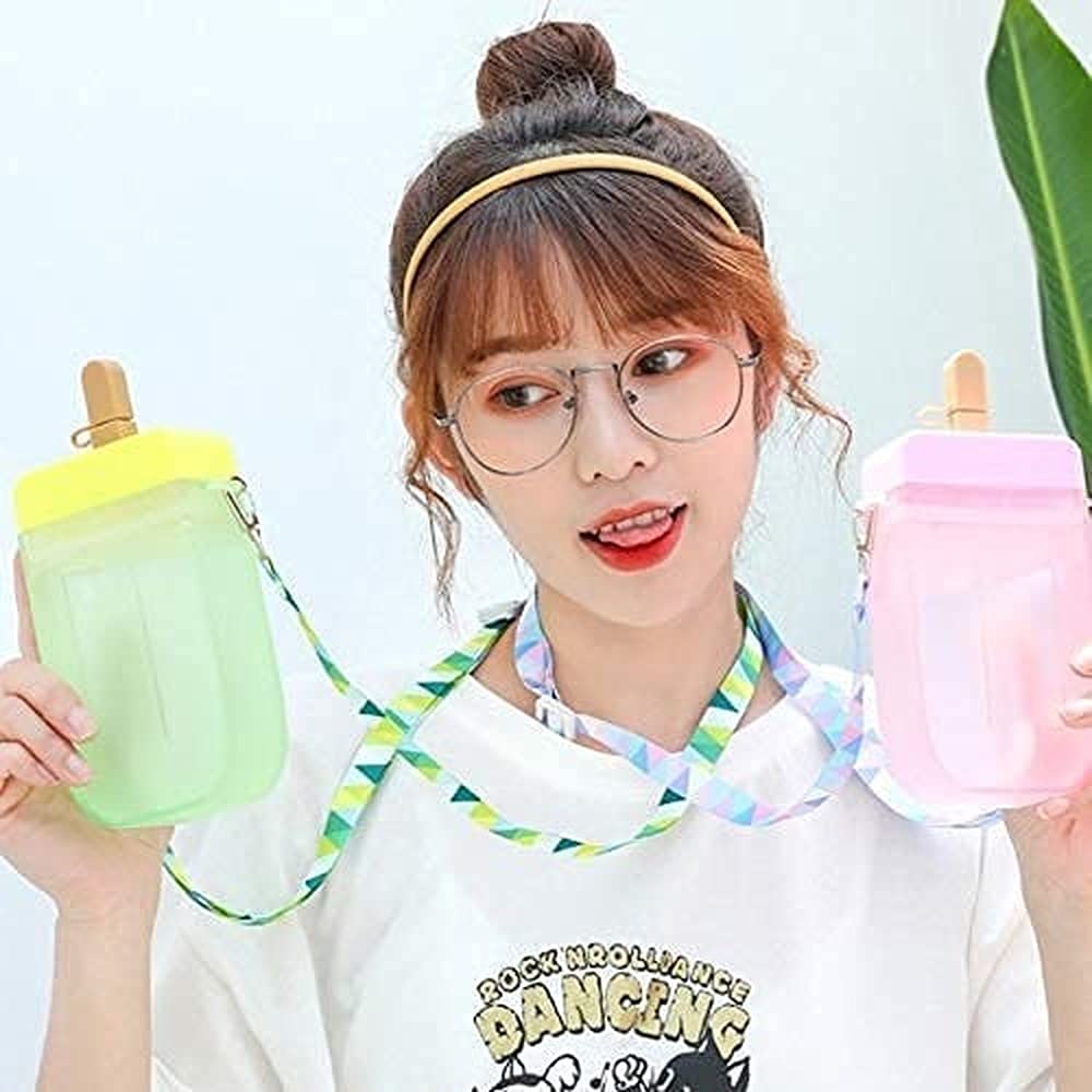 Vwey Cute Water Bottles with Straws, Creative Ice Cream Plastic Popsicle Drink Bottles, BPA Free Transparent Jug, Adjustable Shoulder Strap, for Outdoor Camping Sports Travel, 10 oz (Pink)