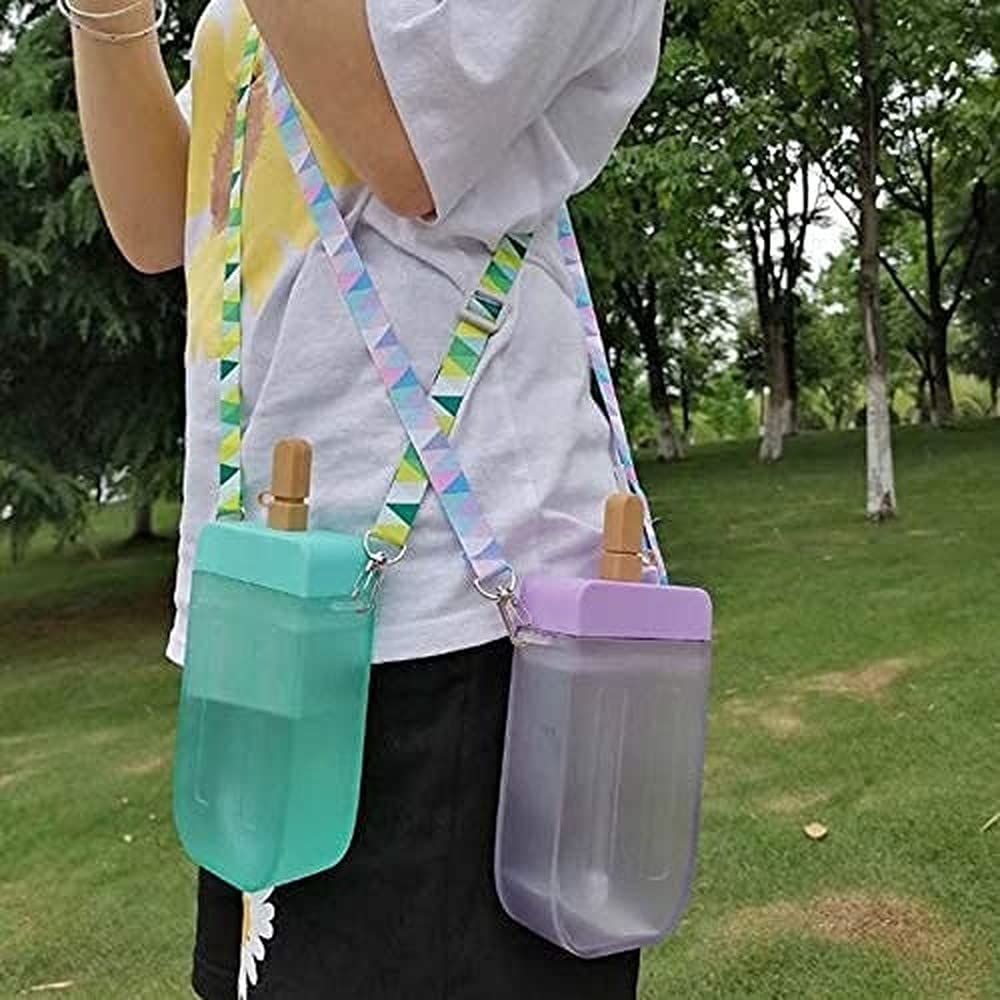 Vwey Cute Water Bottles with Straws, Creative Ice Cream Plastic Popsicle Drink Bottles, BPA Free Transparent Jug, Adjustable Shoulder Strap, for Outdoor Camping Sports Travel, 10 oz (Pink)