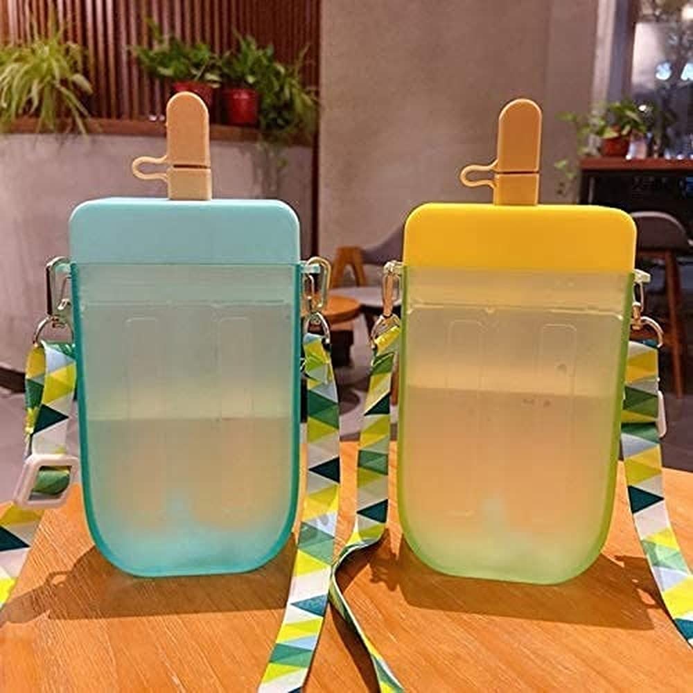 Vwey Cute Water Bottles with Straws, Creative Ice Cream Plastic Popsicle Drink Bottles, BPA Free Transparent Jug, Adjustable Shoulder Strap, for Outdoor Camping Sports Travel, 10 oz (Pink)