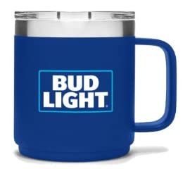 bud light 14oz stainless steel insulated mug with handle, double wall vacuum travel mug, tumbler cup with sliding lid. perfect for hot and cold beverages. campaign, tailgating, gameday, pool or bbq