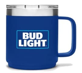 Bud Light 14oz Stainless Steel Insulated Mug with Handle, Double Wall Vacuum Travel Mug, Tumbler Cup with Sliding Lid. Perfect for Hot and Cold Beverages. Campaign, Tailgating, Gameday, Pool or BBQ