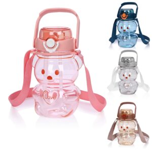 kawaii bear straw water bottles love large water cups strap for kids girls gifts school sports daily life milk tea juice travel drinking bottled water cute portable leakproof (green)