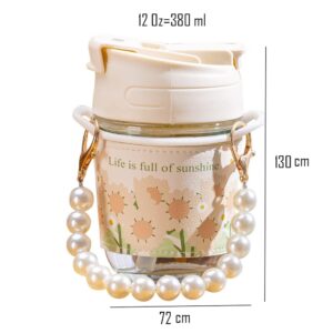 12 Oz Glass Water Bottle with Straw Lid Handle Cute Kawaii Mini Small Clear Milk Bottles for Grils Women Ladies