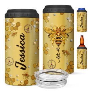 zoxix personalized can cooler let it bee gifts for bee lovers women jewelry style stainless steel tumbler insulated can holder travel cup 16 oz 4-in-1 hippie bee themed items